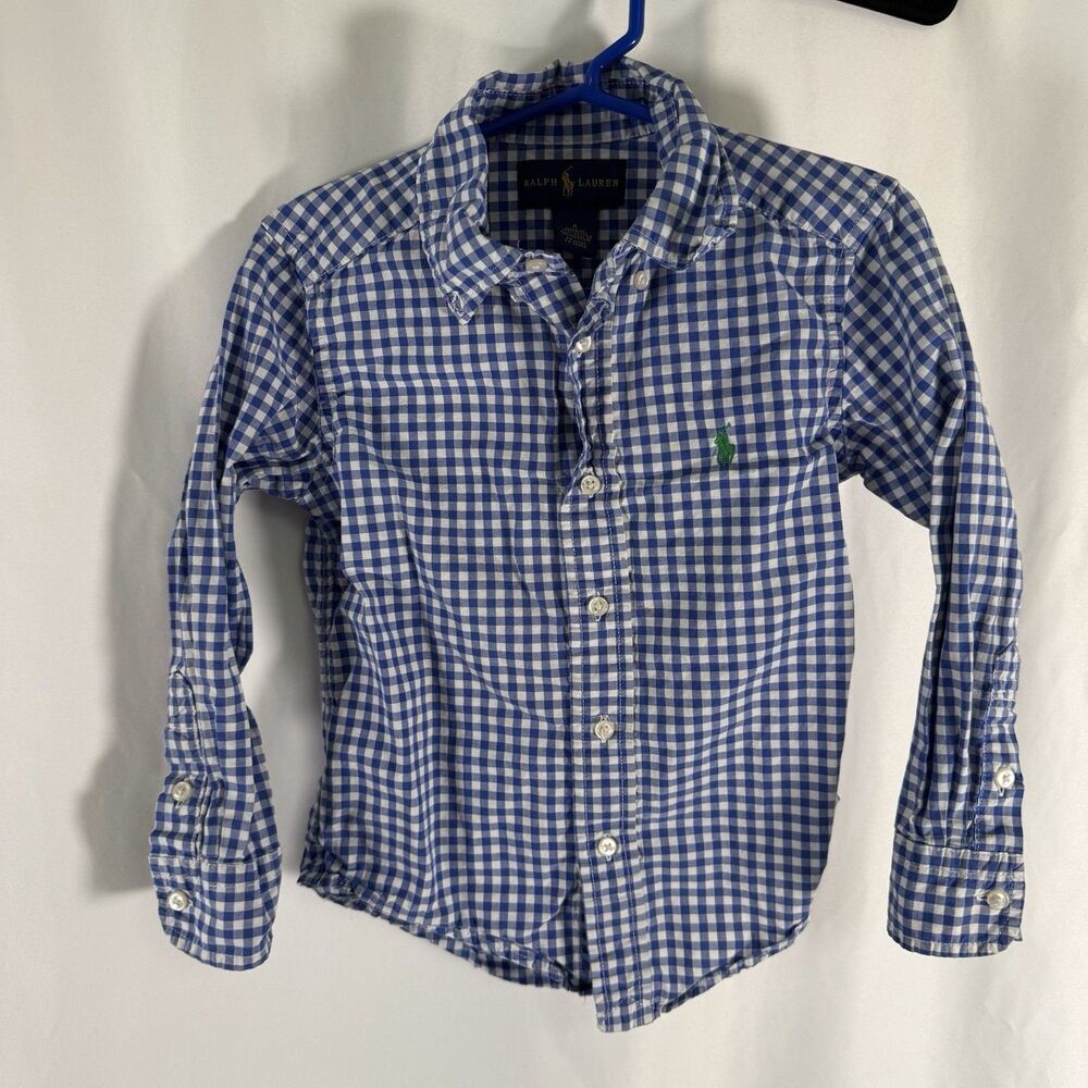 Ralph Lauren Dress Shirt Boys 4 Blue White Plaid Long Sleeve Collared Button Up